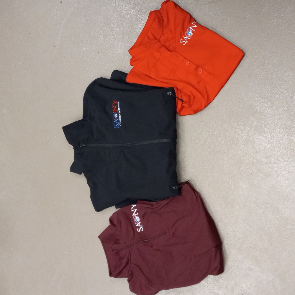 SANY BLACK NORTHFACE JACKET, BURGUNDY LONGSLEEVE 3/4 ZIP, RED SHORT SLEEVE SHIRT